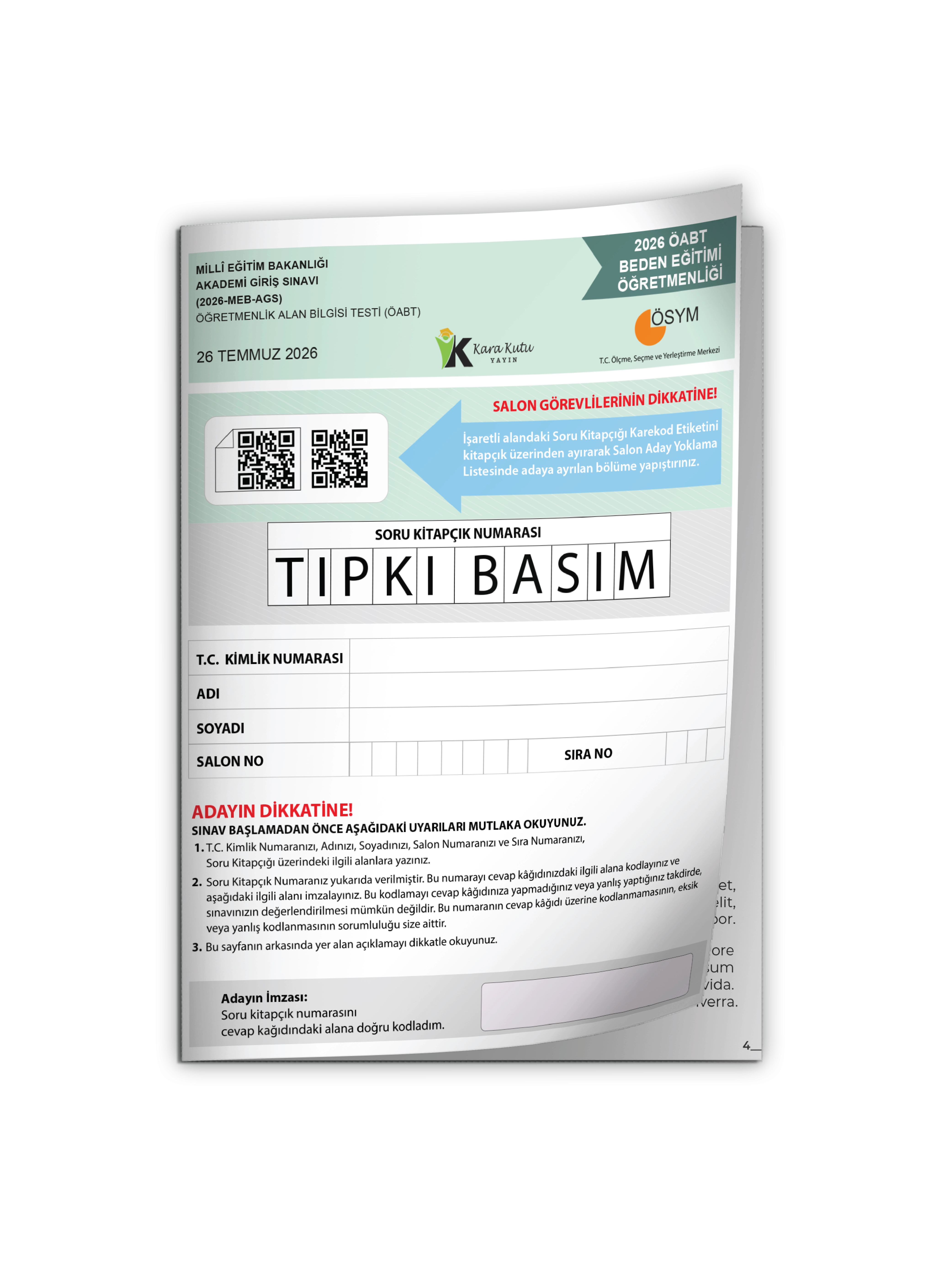 2026 MEB-AGS ÖABT Beden Eğitimi Öğretmenliği ÖSYM Tıpkı Basım Kitapçık Türkiye Geneli Deneme