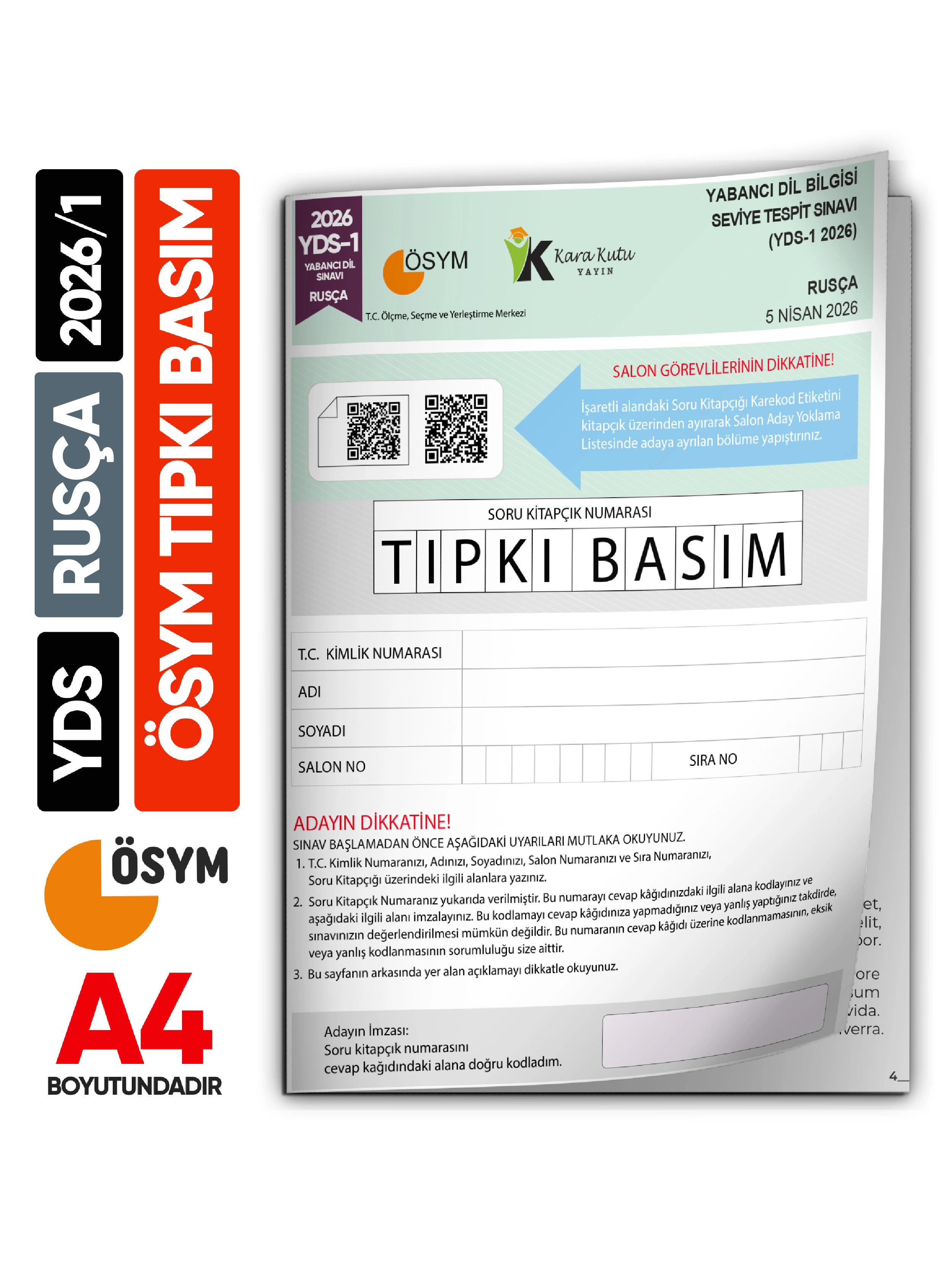 YDS Rusça 2026/1 Yabancı Dil Sınavı ÖSYM Tıpkı Basım Çıkmış Soru Deneme Kitapçığı (e-YDS uygun)