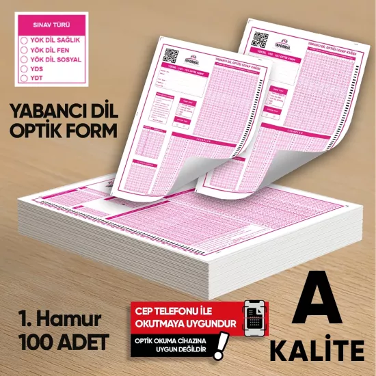 Yabancı Dil (YÖKDİL, YDS ve YDT) Deneme Sınavları İçin 100 Adet (80.GR) Optik Form 