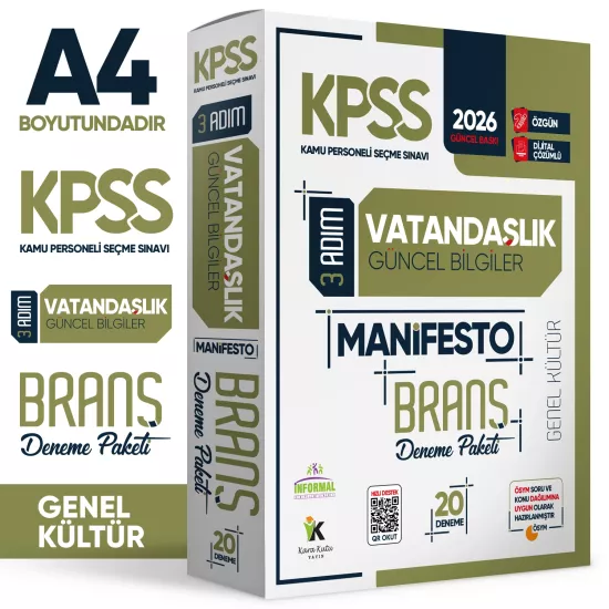 2026 KPSS Önlisans-Ortaöğretim 3 Adım Vatandaşlık Manifesto 20li Dijital Çözümlü Branş Deneme Paketi