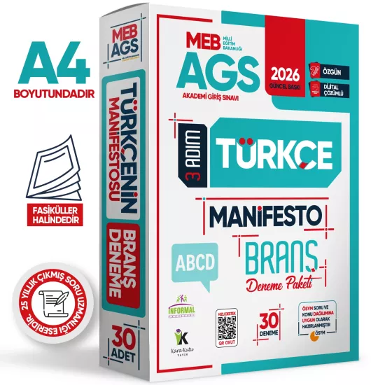 2026 MEB-AGS Türkçe 3 Adım Manifesto Branş Deneme Paketi 30lu Dijital Çözümlü (Sözel Mantık Dahil)