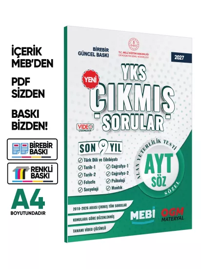 2027 YKS-AYT SÖZEL MEBİ Yeni Nesil Çıkmış Soru Bankası Son 9 Yıl Video/PDF Çözümlü BASKI ÜCRETİ