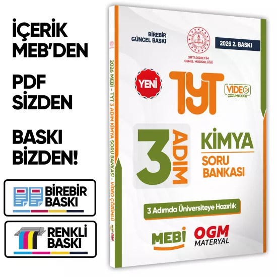 2026 TYT MEBİ-OGM 3 ADIM Kimya Soru Bankası RENKLİ A4 Boyut Video Çözümlü BASKI ÜCRETİ