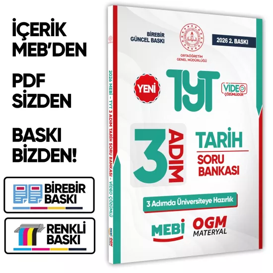 2026 TYT MEBİ-OGM 3 ADIM Tarih Soru Bankası RENKLİ A4 Boyut Video Çözüm BASKI ÜCRETİ