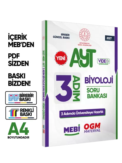 2027 AYT MEBİ-OGM 3 ADIM Biyoloji Soru Bankası RENKLİ A4 Boyut Video Çözümlü BASKI ÜCRETİ
