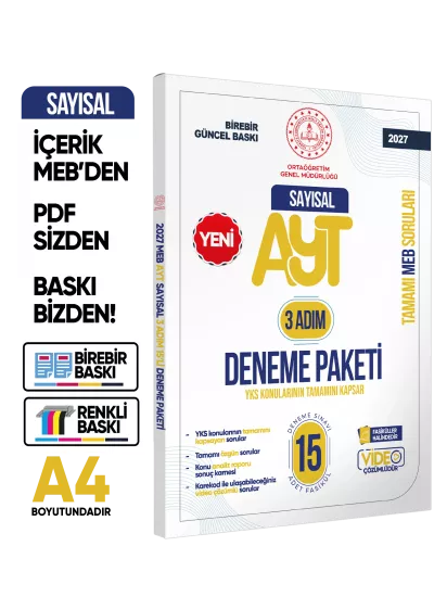 2027 3 Adım YKS-AYT Sayısal MEBİ Özgün Sorular 15li Deneme Fasikül Paketi Video Çözümlü BASKI ÜCRETİ