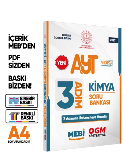 2027 AYT MEBİ-OGM 3 ADIM Kimya Soru Bankası RENKLİ A4 Boyut Video Çözümlü BASKI ÜCRETİ