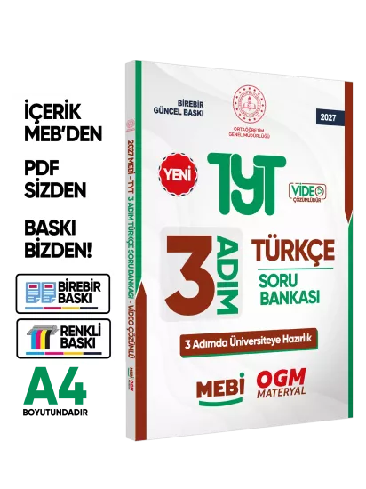 2027 TYT MEBİ-OGM 3 ADIM Türkçe Soru Bankası RENKLİ A4 Boyut Video Çözüm BASKI ÜCRETİ