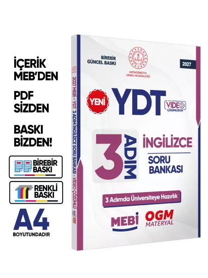 2027 YDT MEBİ-OGM 3 ADIM İngilizce Soru Bankası RENKLİ A4 Boyut Video Çözüm BASKI ÜCRETİ