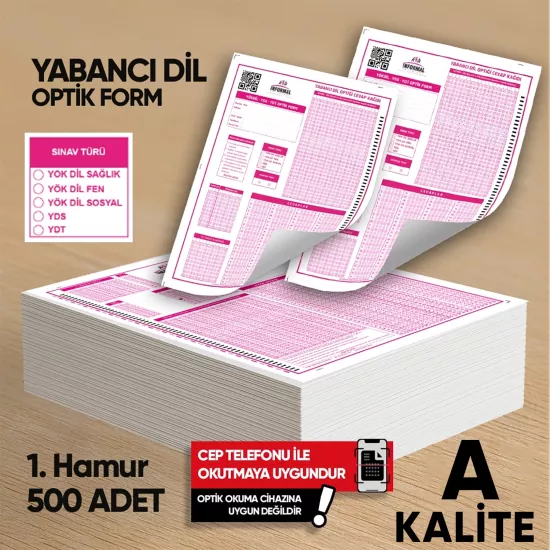 Yabancı Dil (YÖKDİL, YDS ve YDT) Deneme Sınavları İçin 500 Adet (80.GR) Optik Form 