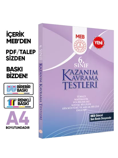6.Sınıf MEB Tüm Dersler Kazanım Kavrama Testleri KKT Yaprak Test Kitabı BASKI ÜCRETİ