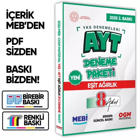 2026 YKS-AYT MEBİ ONLİNE Güncel EŞİT AĞIRLIK (TM) 8li Seri Deneme Fasikül Paketi (A4) BASKI ÜCRETİ