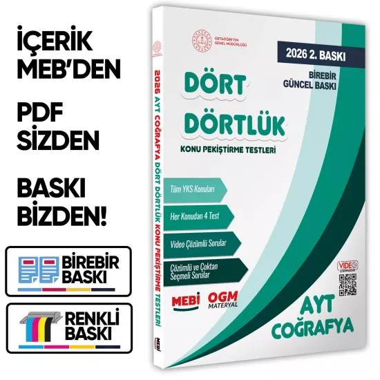 2026 YKS-AYT MEBİ-OGM Dört Dörtlük Coğrafya Pekiştirme Testi A4 Renkli Soru Bankası BASKI ÜCRETİ