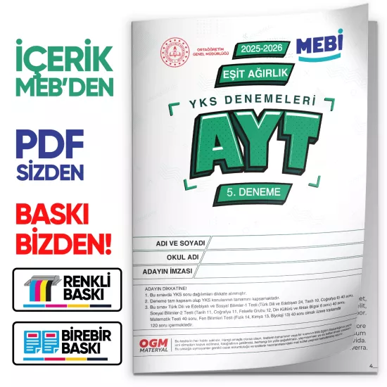 2026 ÖSYM YKS-AYT EŞİT AĞIRLIK MEBİ ONLİNE Türkiye Geneli 5. Deneme Büyük Boy Renkli BASKI ÜCRETİ