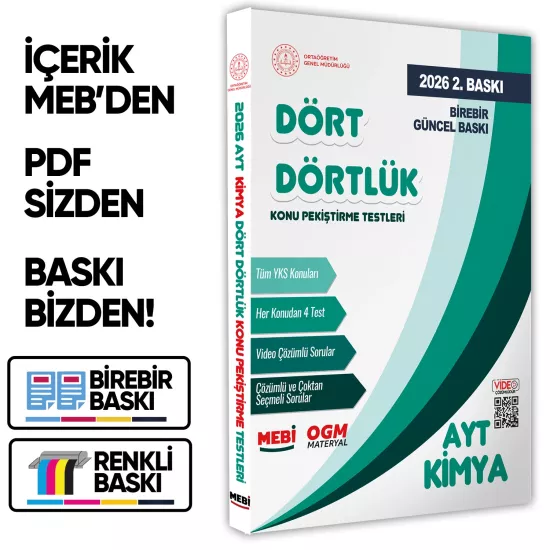 2026 YKS-AYT MEBİ-OGM Dört Dörtlük Kimya Pekiştirme Testi A4 Renkli Soru Bankası BASKI ÜCRETİ