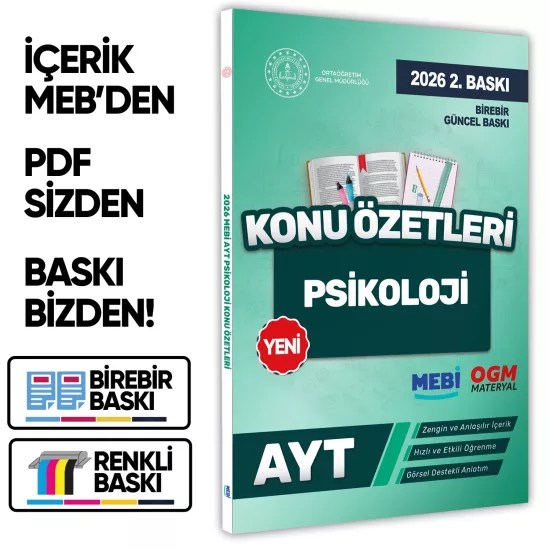 2026 YKS-AYT MEBİ-OGM Psikoloji Pratik Konu Özet Kitabı RENKLİ A4 Boyut Görsel Destekli BASKI ÜCRETİ