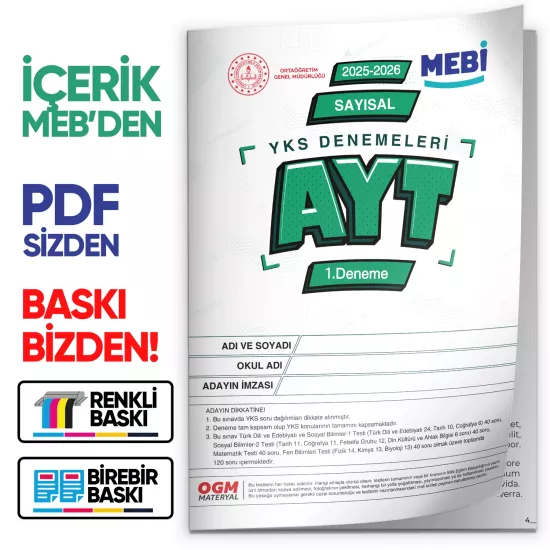 2026 ÖSYM YKS-AYT SAYISAL MEB ONLİNE Türkiye Geneli 1. Deneme Büyük Boy RENKLİ BASKI ÜCRETİ