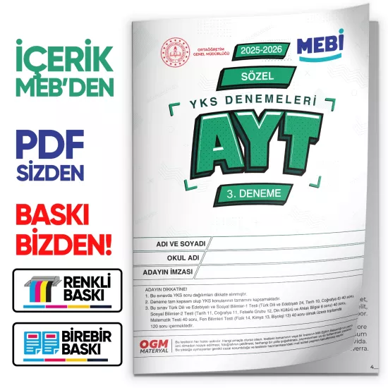 2026 ÖSYM YKS-AYT SÖZEL MEB ONLİNE Türkiye Geneli 3. Deneme Büyük Boy RENKLİ BASKI ÜCRETİ