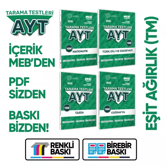 2026 YKS-AYT MEBİ-OGM 4lü Tüm Dersler Özgün Tarama Eşit Ağırlık (TM) Test Kitabı BASKI ÜCRETİ