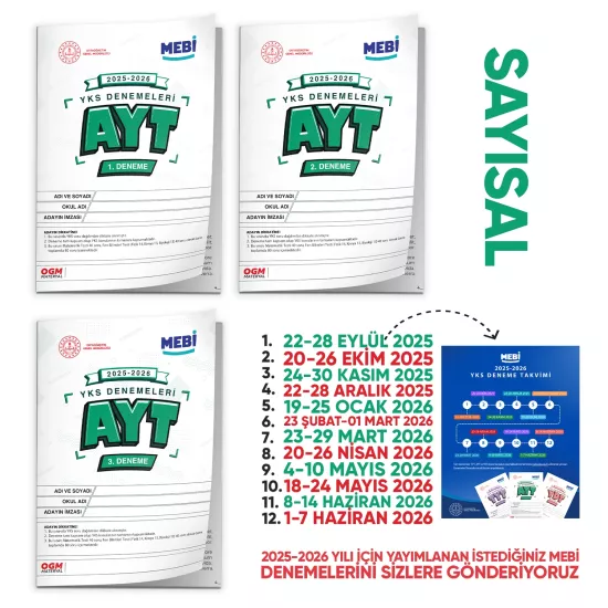 2026 ÖSYM YKS-AYT MEBİ OGM SAYISAL 1.-2.-3. Deneme Paketi Güncel 3lü SET (Seri Deneme) BASKI ÜCRETİ