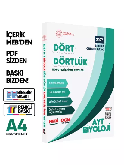 2027 YKS-AYT MEBİ-OGM Dört Dörtlük Biyoloji Pekiştirme Testi A4 Renkli Soru Bankası BASKI ÜCRETİ