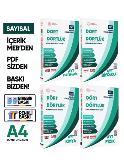 2027 YKS-AYT MEBİ-OGM Dört Dörtlük SAYISAL Pekiştirme Soru Bankası Çözümlü Set BASKI ÜCRETİ A4Renkli