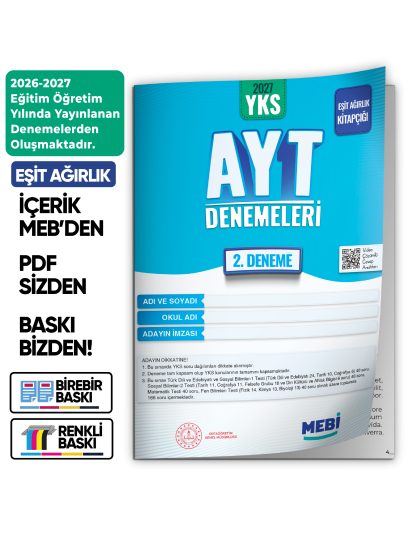 2027 YKS-AYT EŞİT AĞIRLIK MEBİ ONLİNE Türkiye Geneli 2. Deneme Büyük Boy Renkli BASKI ÜCRETİ