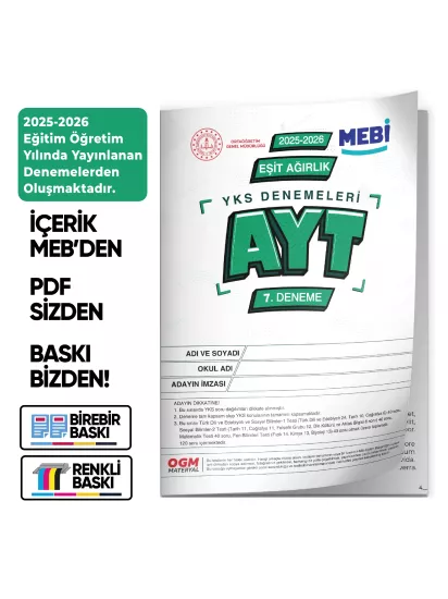 2026 YKS-AYT EŞİT AĞIRLIK MEBİ ONLİNE Türkiye Geneli 7. Deneme Büyük Boy Renkli BASKI ÜCRETİ