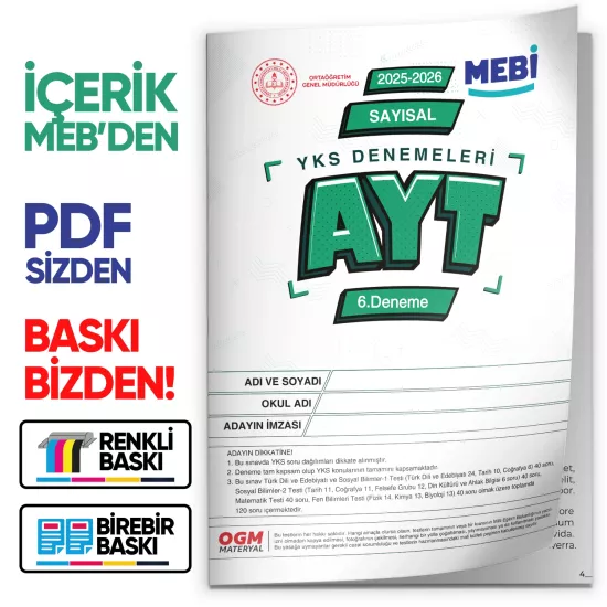 2026 ÖSYM YKS-AYT SAYISAL MEB ONLİNE Türkiye Geneli 6. Deneme Büyük Boy RENKLİ  BASKI ÜCRETİ