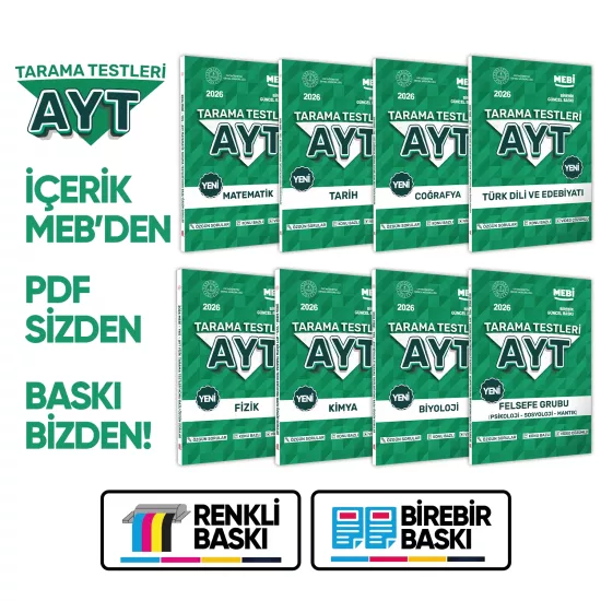 2026 YKS-AYT MEBİ-OGM 8li Tüm Dersler Özgün Tarama Test Kitabı A4 Boyut Renkli Görsel BASKI ÜCRETİ