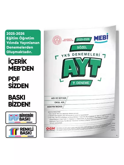 2026 YKS-AYT SÖZEL MEB ONLİNE Türkiye Geneli 7. Deneme Büyük Boy RENKLİ  BASKI ÜCRETİ