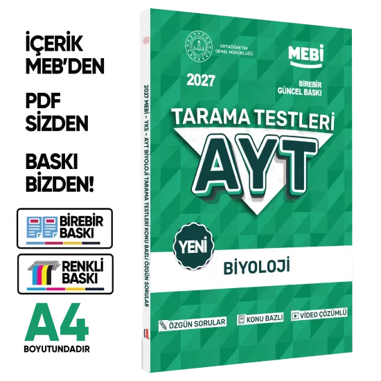2027 YKS-AYT MEBİ-OGM Biyoloji Özgün Tarama Testleri Kitabı A4 Boyut Renkli Görsel BASKI ÜCRETİ