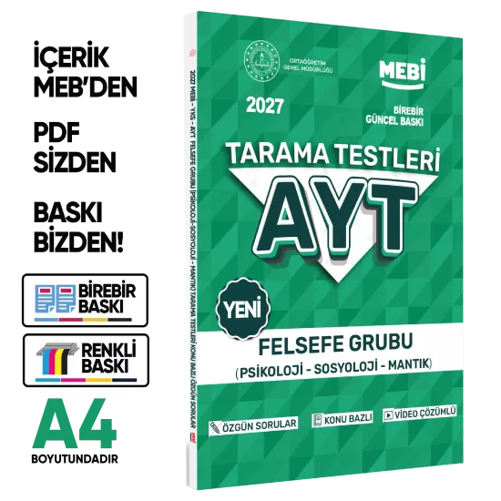2027 YKS-AYT MEBİ-OGM Felsefe Grubu Özgün Tarama Testleri Kitabı A4 Boyut Renkli Görsel BASKI ÜCRETİ