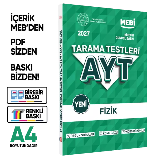 2027 YKS-AYT MEBİ-OGM Fizik Özgün Tarama Testleri Kitabı A4 Boyut Renkli Görsel BASKI ÜCRETİ