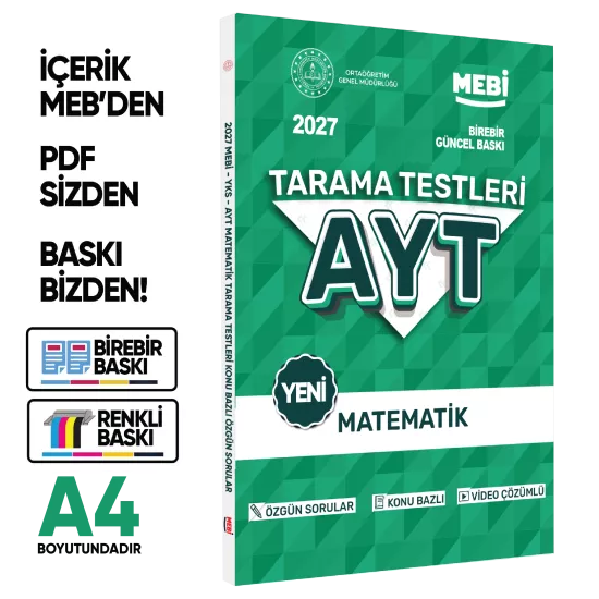 2027 YKS-AYT MEBİ-OGM Matematik Özgün Tarama Testleri Kitabı A4 Boyut Renkli Görsel BASKI ÜCRETİ