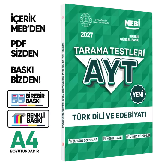 2027 YKS-AYT MEBİ-OGM Türk Dili Ve Edebiyatı Özgün Tarama Testleri Kitabı A4 Boyut BASKI ÜCRETİ