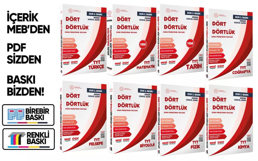 2026 YKS-TYT MEBİ-OGM Dört Dörtlük Pekiştirme Testi Soru Bankası Çözümlü Set BASKI ÜCRETİ A4 Renkli
