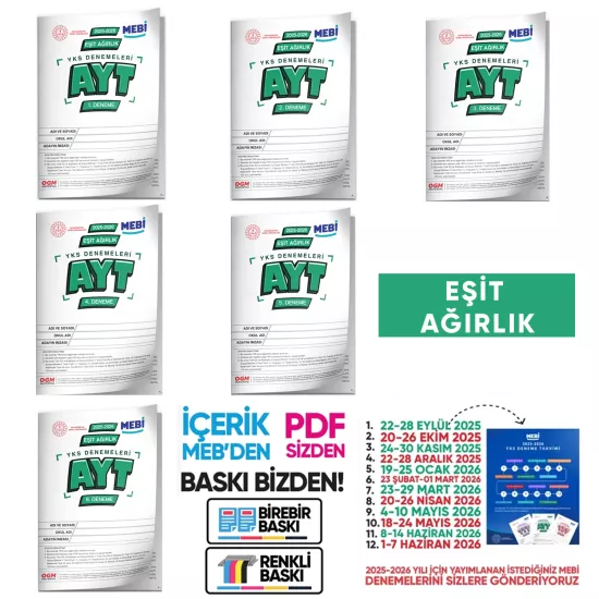 2026 ÖSYM YKS-AYT MEBİ OGM EŞİT AĞIRLIK Deneme Paketi Güncel 6lı SET (Seri Deneme) BASKI ÜCRETİ