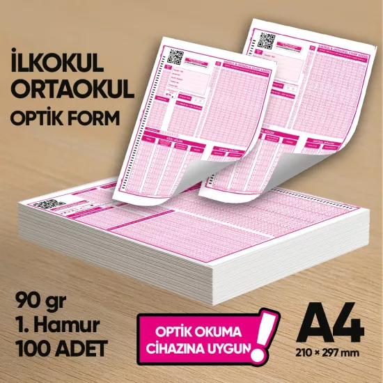 İlkokul-Ortaokul Deneme Sınavları İçin 100 Adet (90.GR) Optik Form - Optik Okuma Uyumlu
