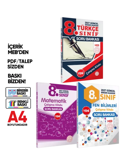 2027 8.Sınıf LGS MEB 3lü SET( Matematik-Fen-Türkçe) Soru Bankası Seti Renkli Baskı A4 BASKI ÜCRETİ