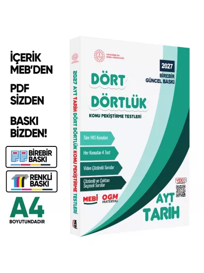 2027 YKS-AYT MEBİ-OGM Dört Dörtlük Tarih Pekiştirme Testi A4 Renkli Soru Bankası BASKI ÜCRETİ