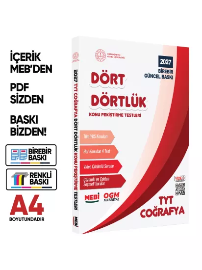 2027 YKS-TYT MEBİ-OGM Dört Dörtlük Coğrafya Pekiştirme Testi Renkli Soru Bankası BASKI ÜCRETİ