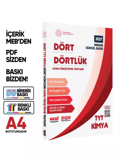 2027 YKS-TYT MEBİ-OGM Dört Dörtlük Kimya Pekiştirme Testi A4 Renkli Soru Bankası BASKI ÜCRETİ