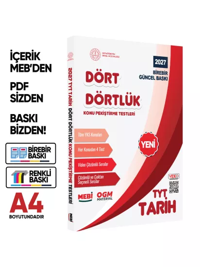 2027 YKS-TYT MEBİ-OGM Dört Dörtlük Tarih Pekiştirme Testi A4 Renkli Soru Bankası BASKI ÜCRETİ