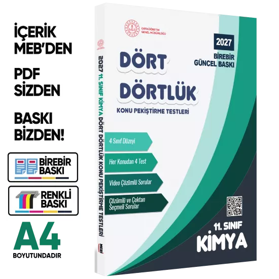 2027 MEBİ-OGM 11. Sınıf Dört Dörtlük Kimya Pekiştirme Testi A4 Renkli Soru Bankası BASKI ÜCRETİ