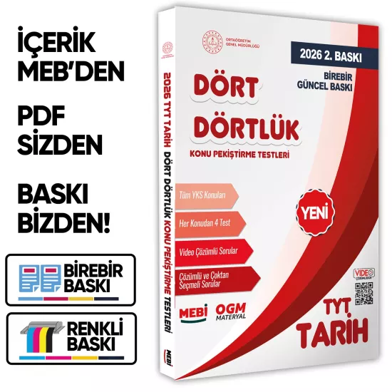 2026 YKS-TYT MEBİ-OGM Dört Dörtlük Tarih Pekiştirme Testi A4 Renkli Soru Bankası BASKI ÜCRETİ