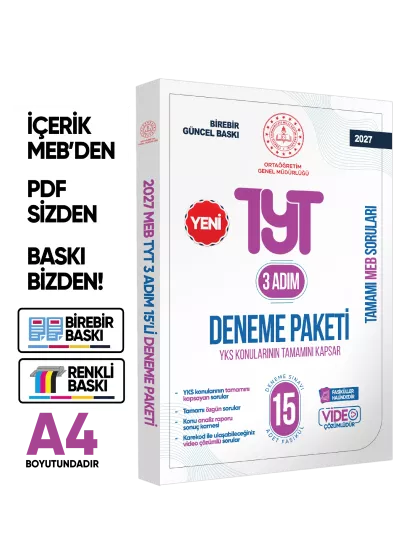2027 3 Adım YKS-TYT MEBİ Özgün Sorular 15li Deneme Paketi Video Çözümlü BASKI ÜCRETİ