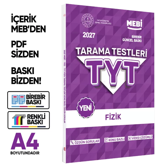2027 YKS-TYT MEBİ-OGM Fizik Özgün Tarama Testleri Kitabı A4 Boyut Renkli Görsel BASKI ÜCRETİ