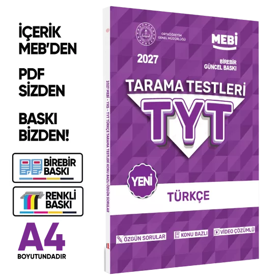 2027 YKS-TYT MEBİ-OGM Türkçe Özgün Tarama Testleri Kitabı A4 Boyut Renkli Görsel BASKI ÜCRETİ