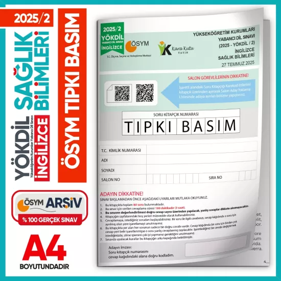 2025/2 YÖKDİL İngilizce SAĞLIK BİLİMLERİ ÖSYM Çıkmış Soru Tıpkı Basım Deneme Kitapçığı Türkiye Genel